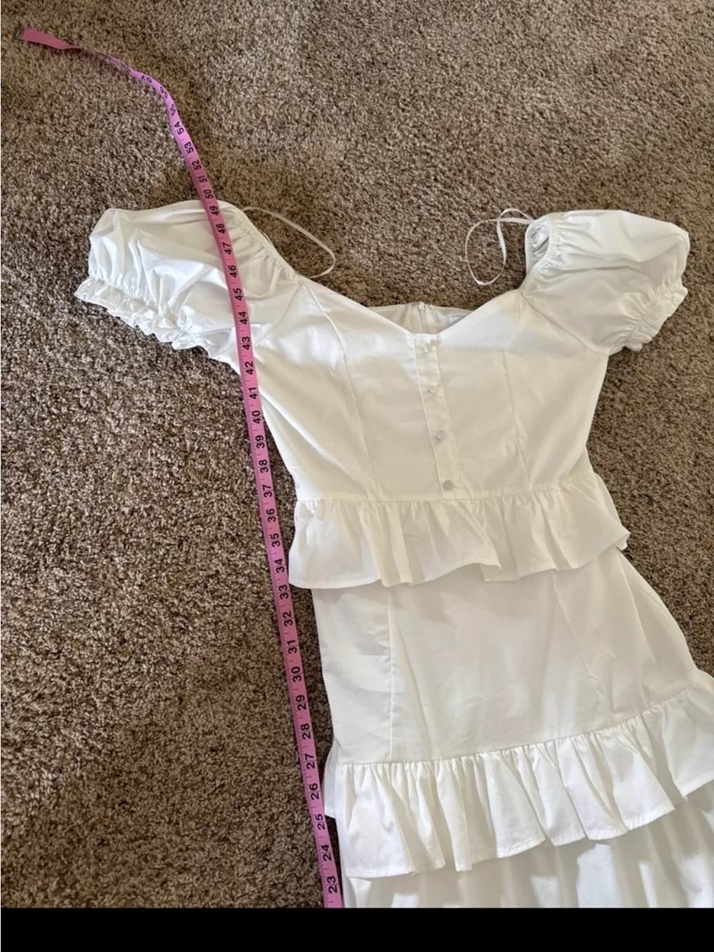 FLAT WHITE Ruffle Tiered Puff Sleeve Dress in White size Small - Picture 11 of 12
